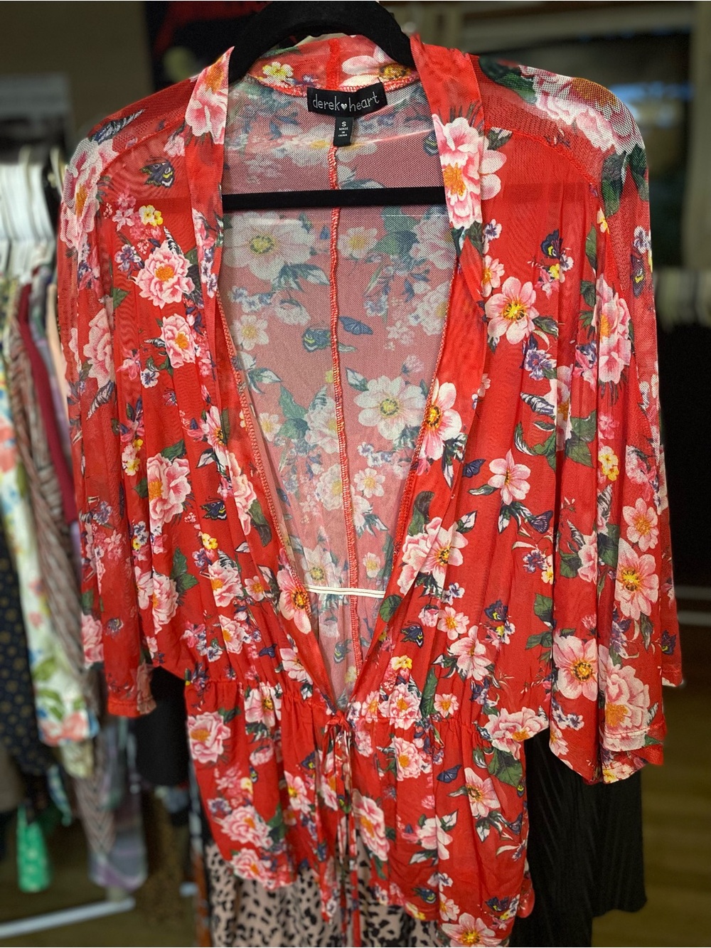 Derek Heart Red Floral Tie-Front Kimono Blouse